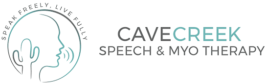 Logo for Cave Creek Speech & Myo Therapy with a line drawing of a face and the slogan "Speak Freely, Live Fully.